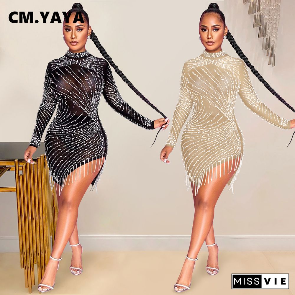 CM.YAYA Summer See-through Mesh Diamonds Dress Women Sexy Slim Elastic Mini Dresses Tassel Lady Club Party Night Outfit