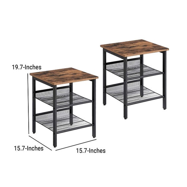 Wooden Side Table with Metal Mesh Shelves， Set of 2， Black and Brown - 19.7 H x 15.7 W x 15.7 L Inches