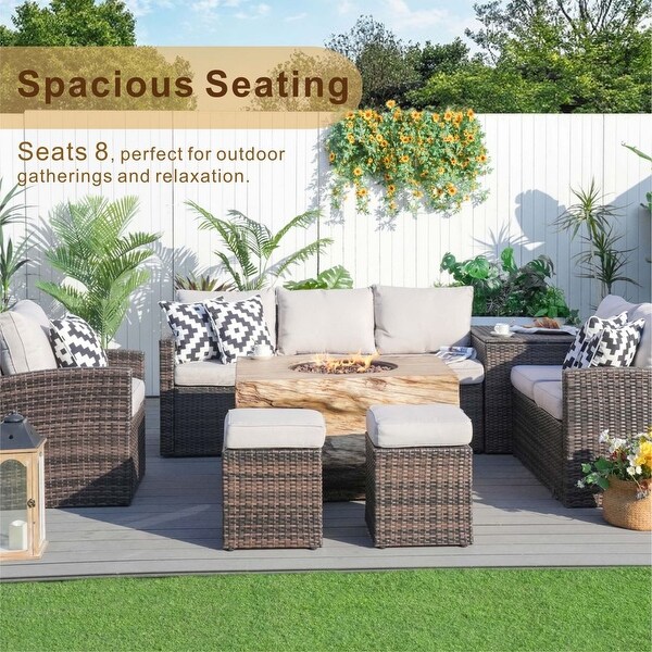 7piece Patio Wicker Garden Chat Sofa Set with Fire Pit and Storage Box