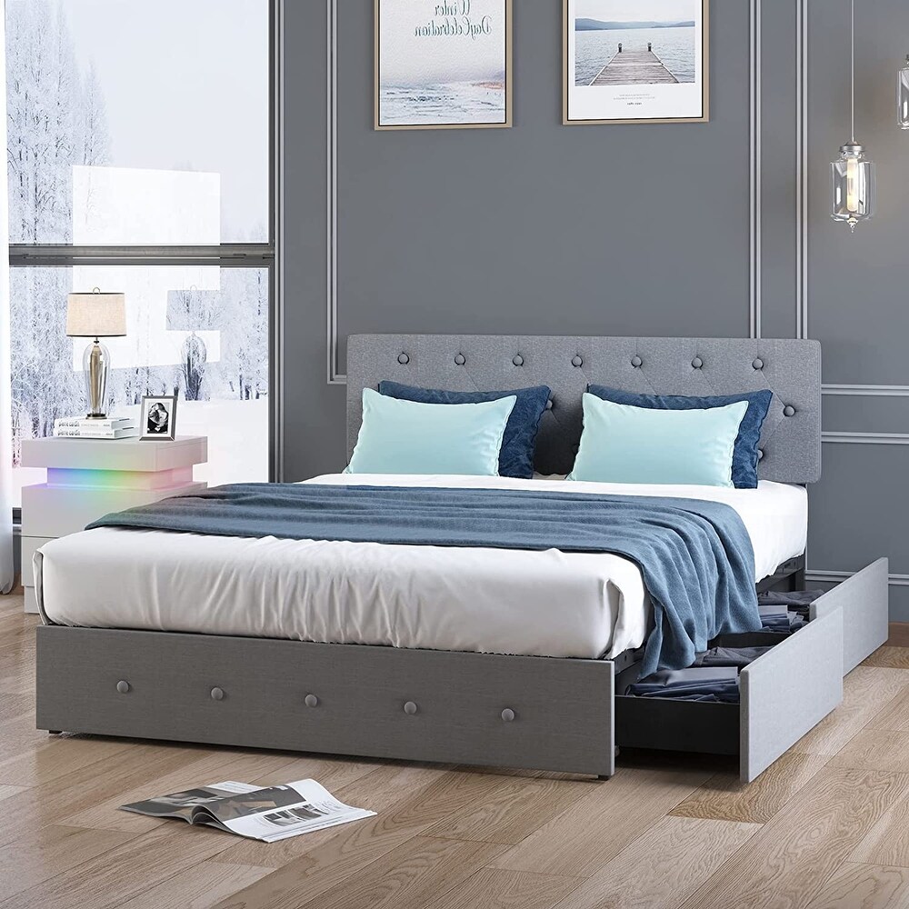 Mixoy Upholstered Platform Bed Frame with 4 Built in Storage Drawers   Adjustable Headboard