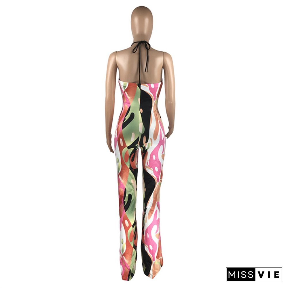 Elegant Printed Women Sleveeless Halter Hollow Out Party Clubwear Summer One Piece Wide Leg Jumpsuit