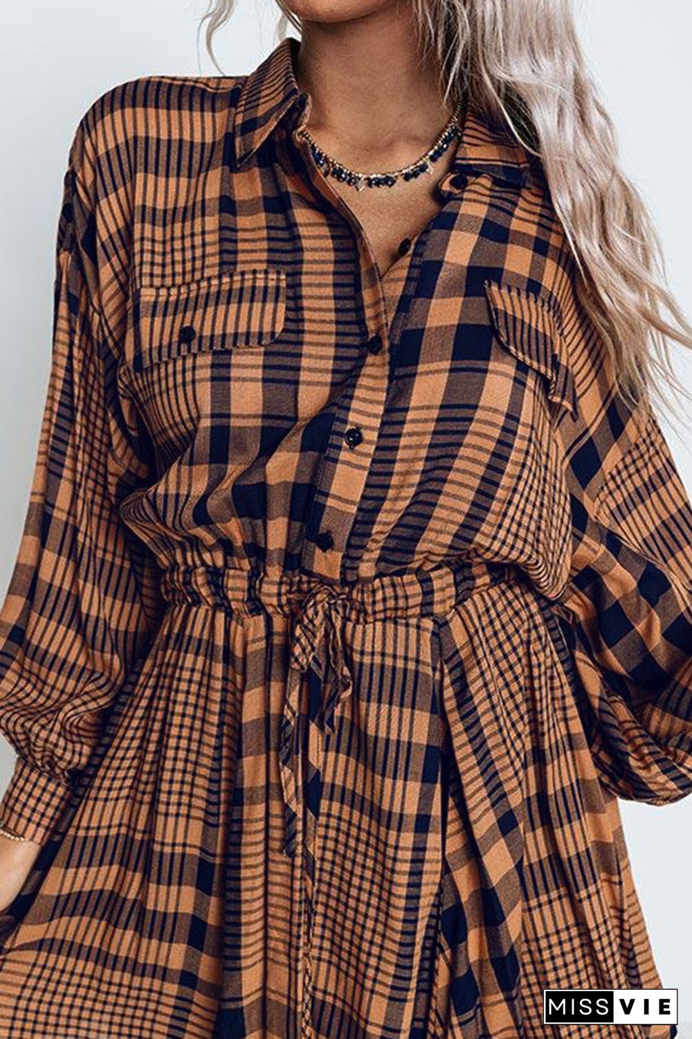 Orange Plaid Print Pocketed Drawstring High Waist Mini Dress