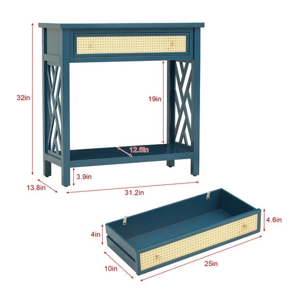 Kinbor Wood Console Table with Rattan Drawer and Bottom Shelf， Modern Sofa Table Entry Hallway Table for Living Room Bedroom