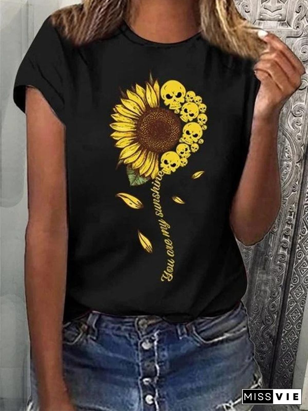 Summer Women Sunflower&Skull Pattern T-Shirt