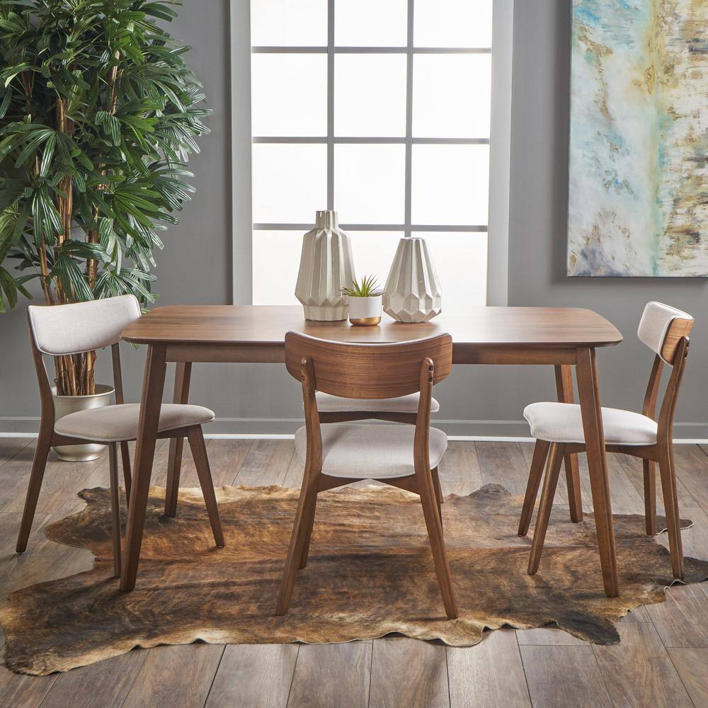 Noble House Alma 5-Piece Natural Walnut and Light Beige Dining Set 18360