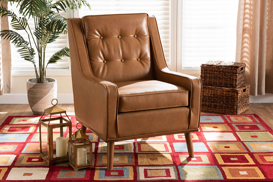 Plackett Modern Contemporary Tan Faux Leather and Walnut Brown Wood Armchair   Midcentury   Armchairs And Accent Chairs   by Baxton Studio  Houzz