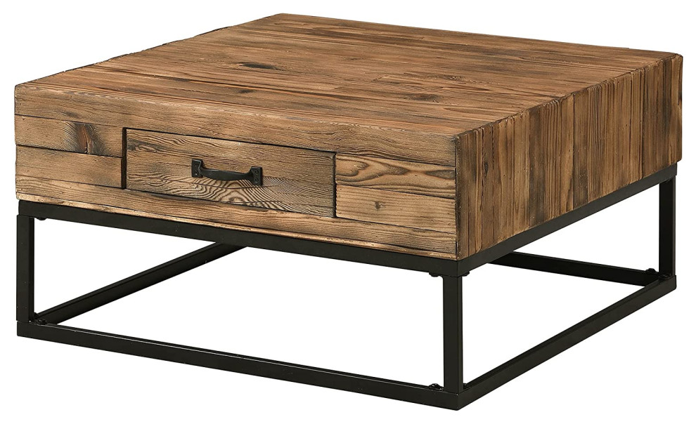 Industrial Coffee Table  Metal Frame With Drawer  ampPlank Top  Rustic Natural   Transitional   Coffee Tables   by Declusia  Houzz