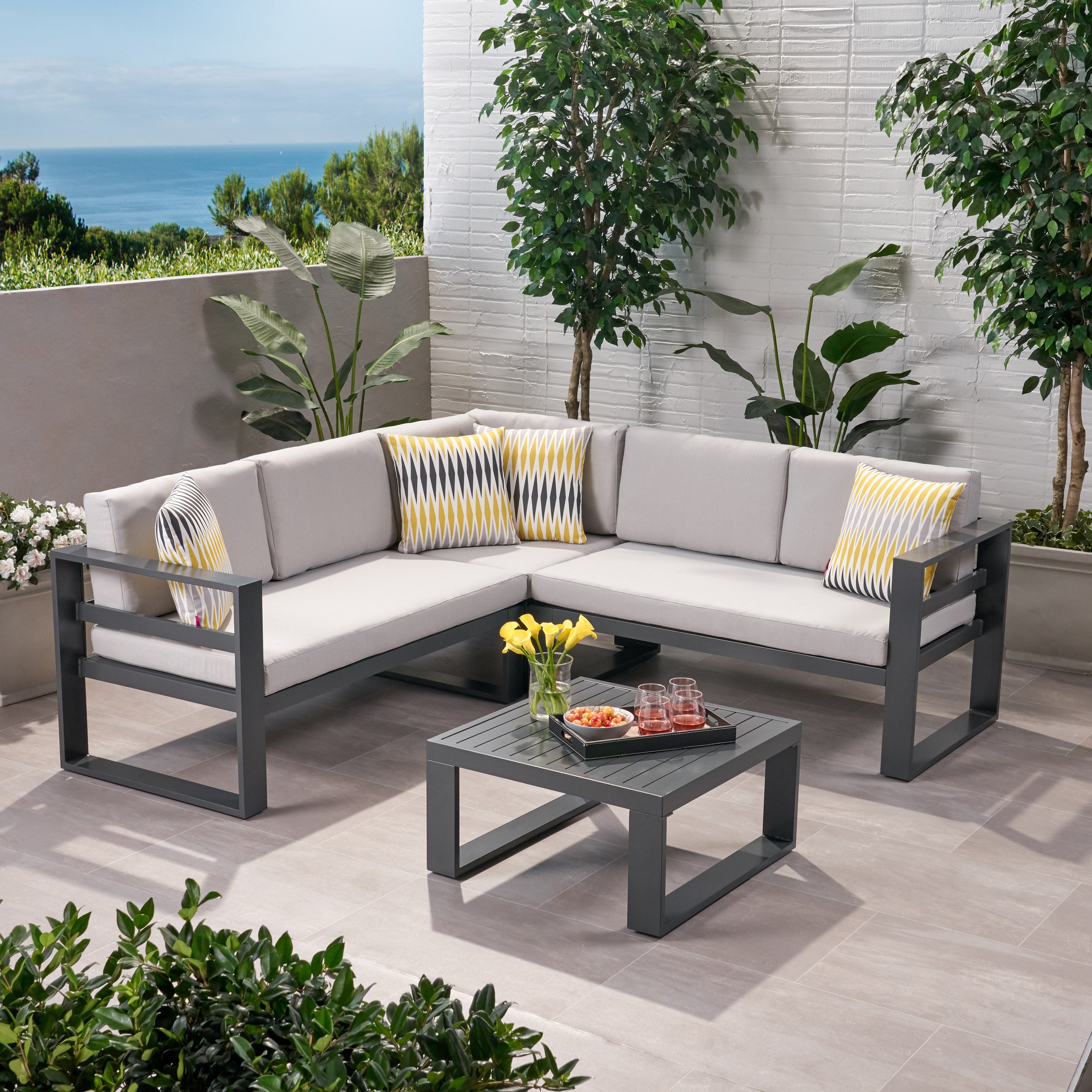 Queena Outdoor Aluminum Sofa Sectional with Coffee Table