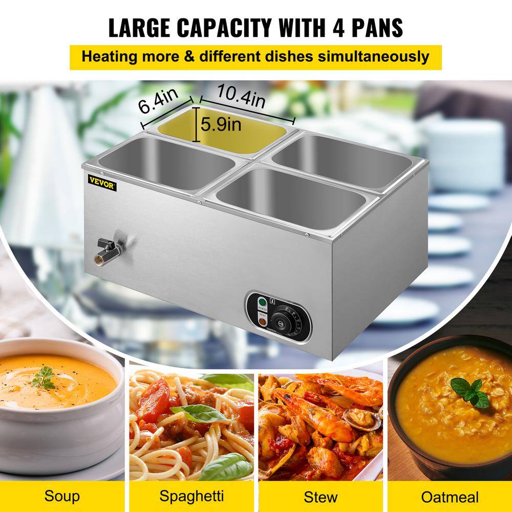 VEVOR 6 in. Deep Commercial Food Warmer 4 x 14GN 4-Pan Stainless Steel Bain Marie Steam Table 14.8 Qt. 1500Watt PT4BM-22B110V3MI7V1