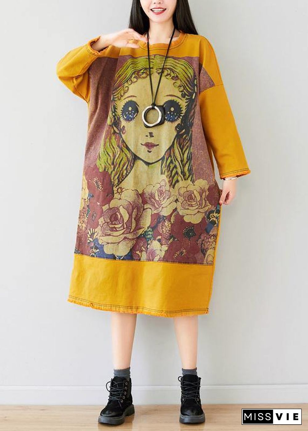 French Yellow U Neck Dress Character Print Spring Ankle Dress