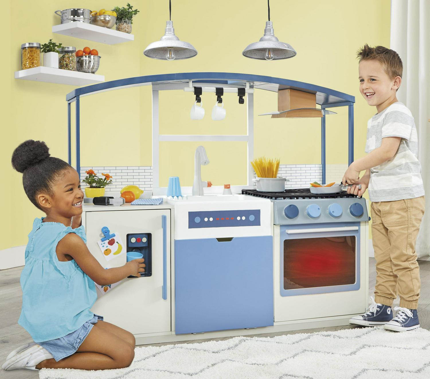 Little Tikes Wood Chef8217s Kitchen 21 Piece Wooden Pretend Play Kitchen Toys Playset Realistic Lights and Sounds Blue and White For Kids Girls Boys Ages 3 4 5+  Crowdfused