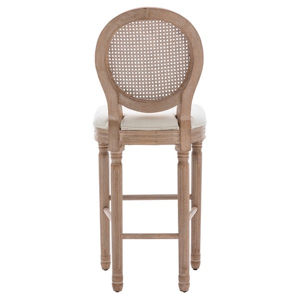 French Rattan Back Wooden Barstools w/Upholstered Seating，Set of 2