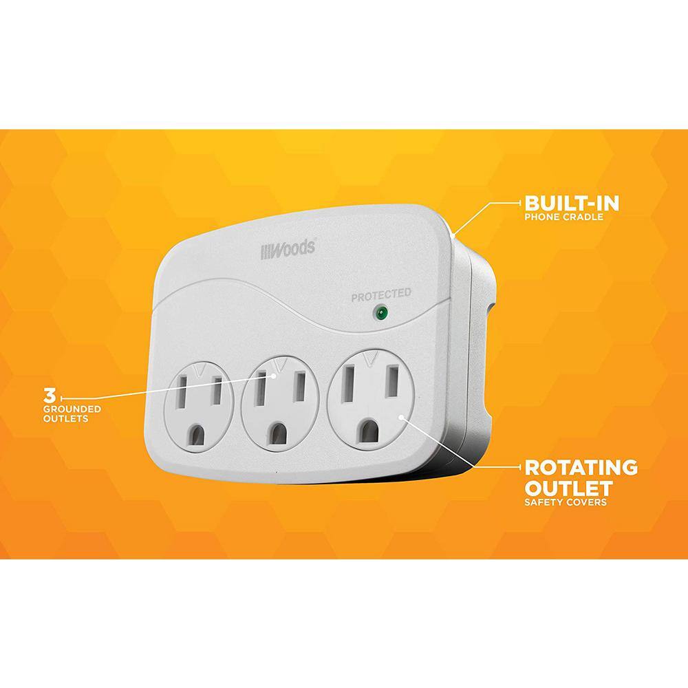 Woods Electronics 3-Outlet 1000-Joule Surge Protector with Sliding Safety Covers and Surge Protection Indicator - Gray 41034