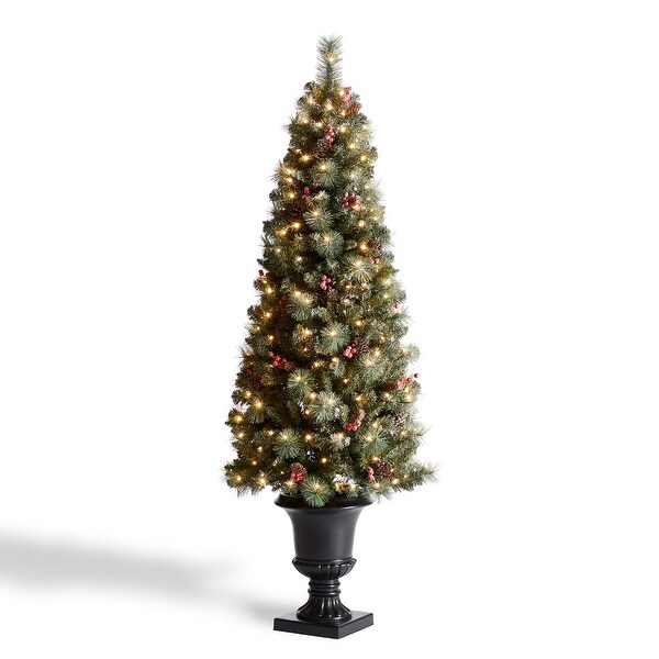 Glitzhome 4ft/5ft/6ft Flocked Pine Christmas Potted Porch Tree With Warm White Lights