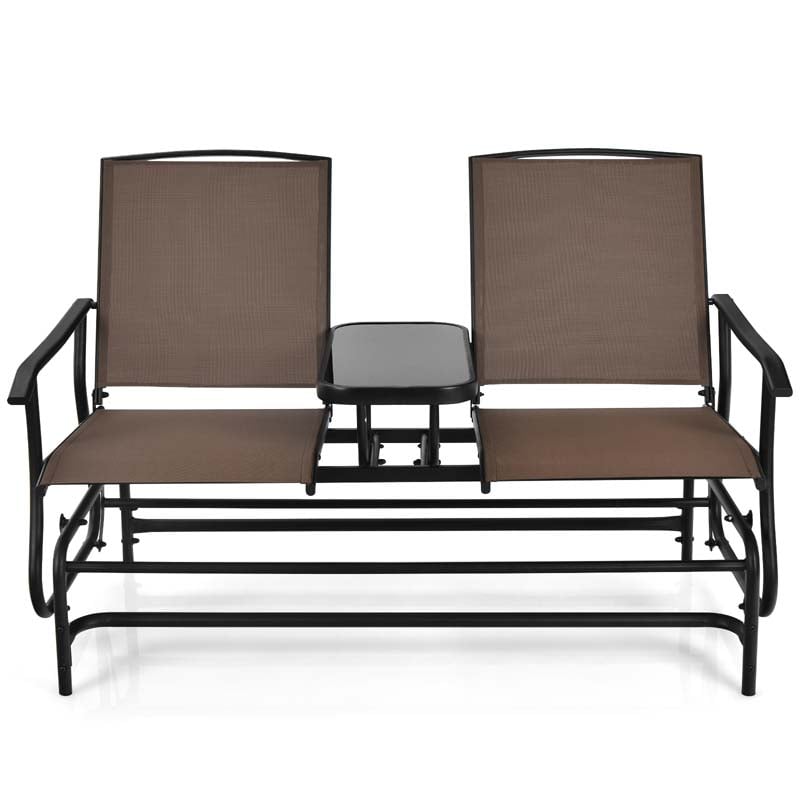 2-Person Outdoor Bench Glider Chair with Center Table, Mesh Fabric Rocking Loveseat for Patio