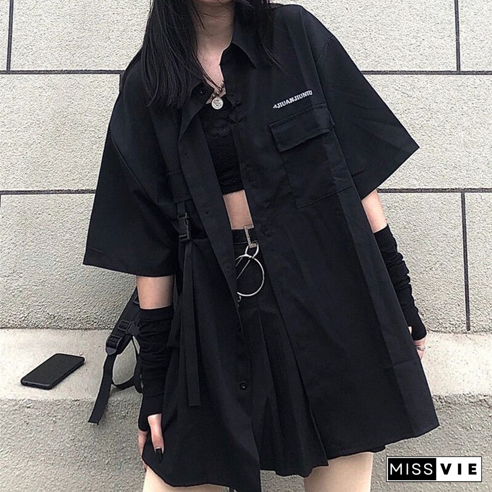 Vintage Loose Solid BF Gothic Two Piece Set Women Summer Casual Korean Button Shirt And Black Pleated A-line Mini Yk2 Skirt