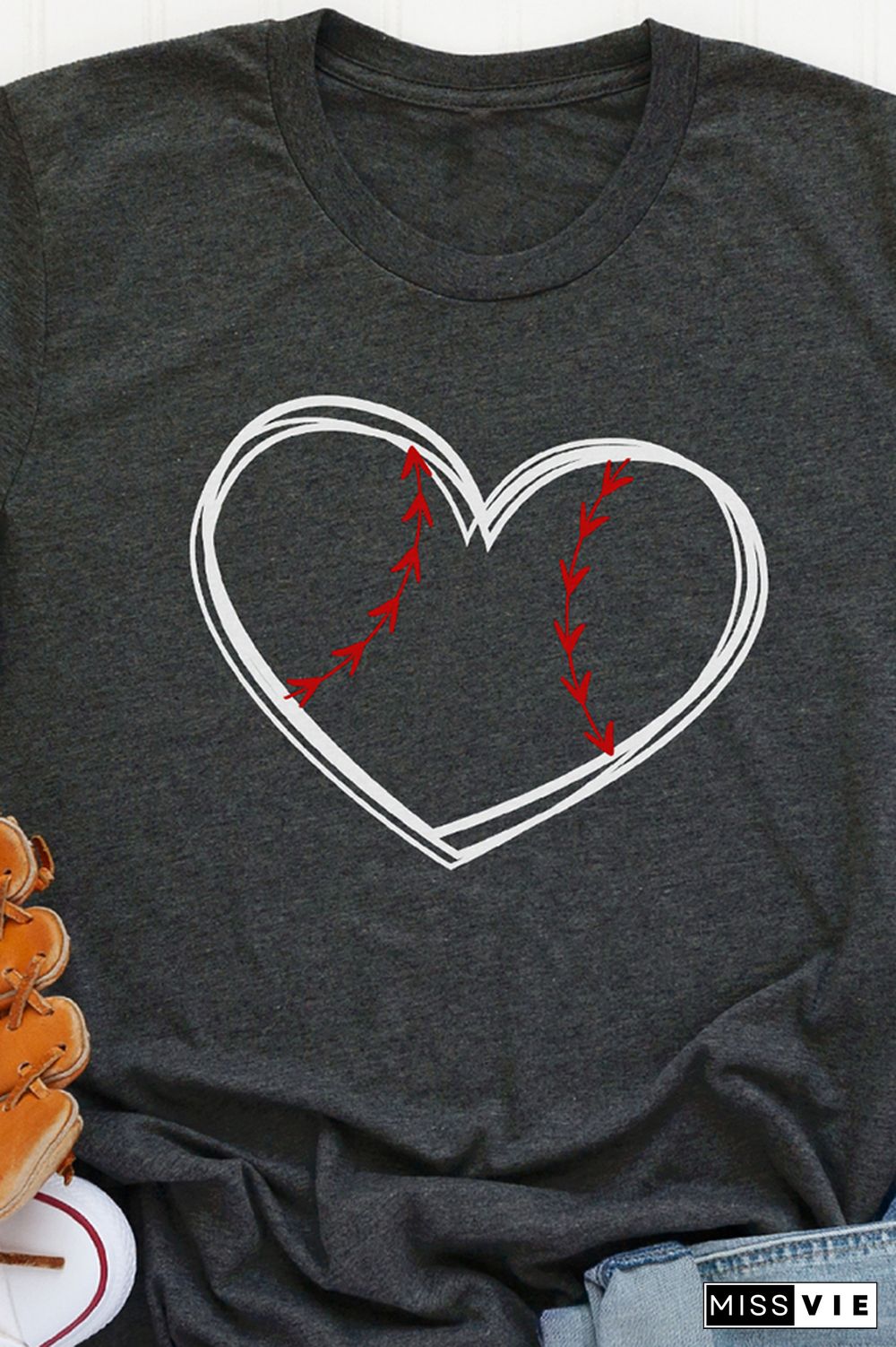 BASEBALL HEART Print Short Sleeve Graphic Tee Wholesale