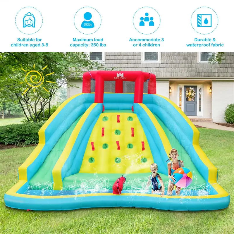 Outdoor Double Side Inflatable Water Slide Park with Large Climbing Wall & 750W Air Blower