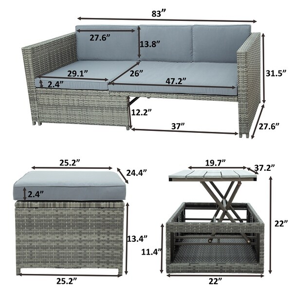 4-piece Outdoor Backyard Patio Rattan Sofa Set， All-weather PE Wicker Sectional Furniture Set with Retractable Table， Gray - Overstock - 34928746