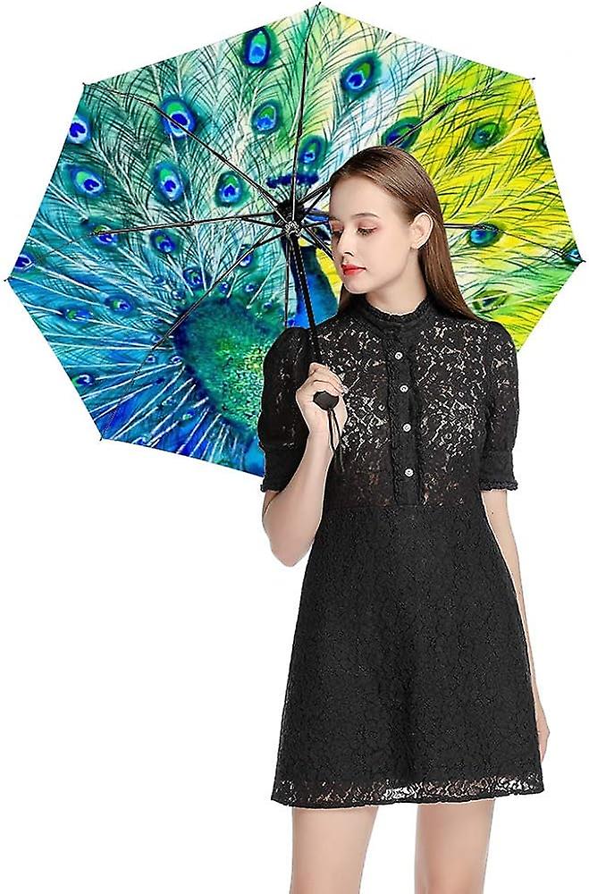 Colourlife Travel Umbrella Colorful Peacock Tail Feathers Automatic Windproof Foldable Umbrella For Sun and Rain