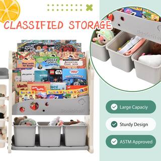 TIRAMISUBEST Gray Indoor Multi-Functional Kids Toy Storage Organizer with 3 Large Bins and 4 Bookshelves PPXY300103AAE