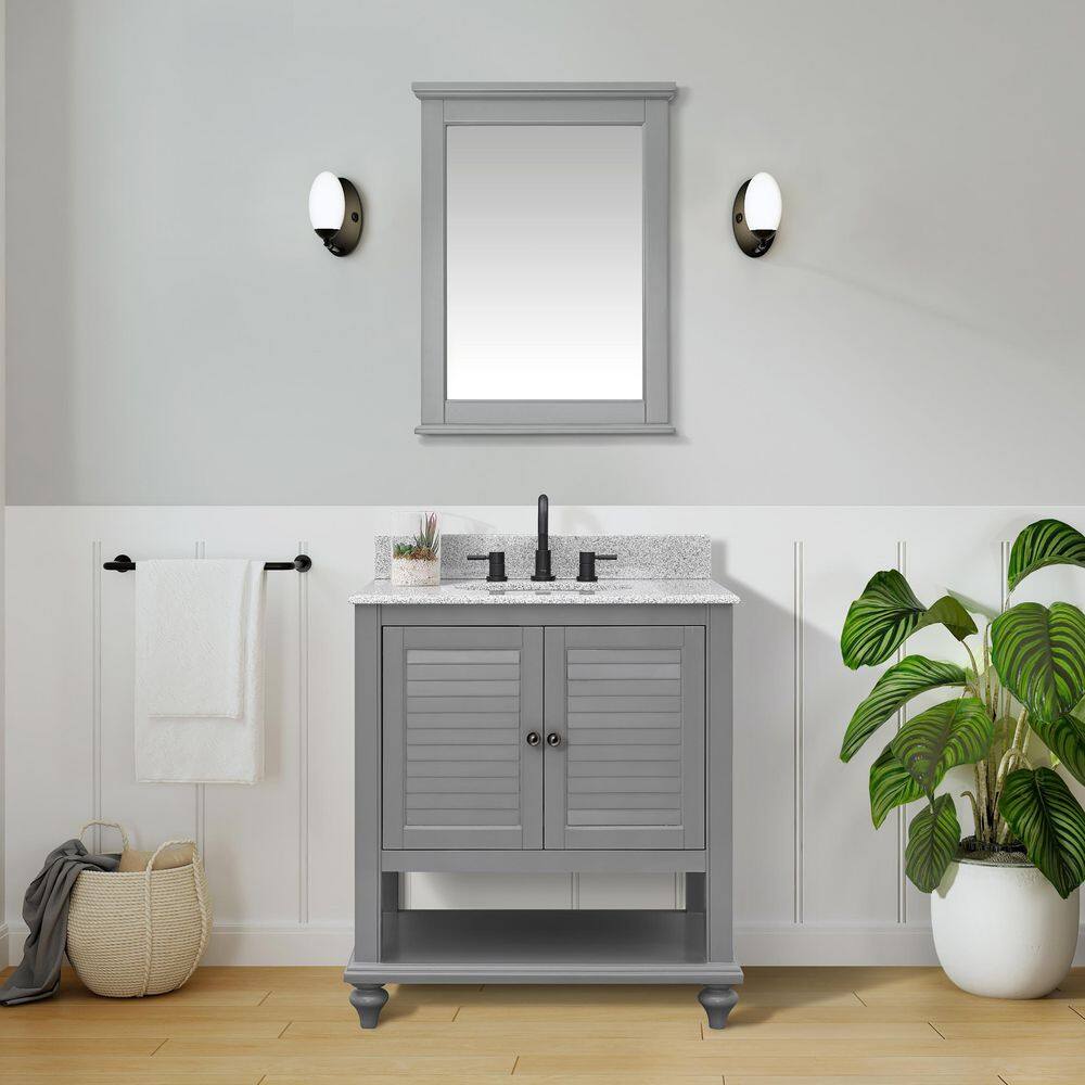 Home Decorators Collection Hamilton 31 in. W x 22 in. D x 35 in. H Open Shutter Bathroom Vanity in Grey with Grey Granite Top 19084-VS31-GR