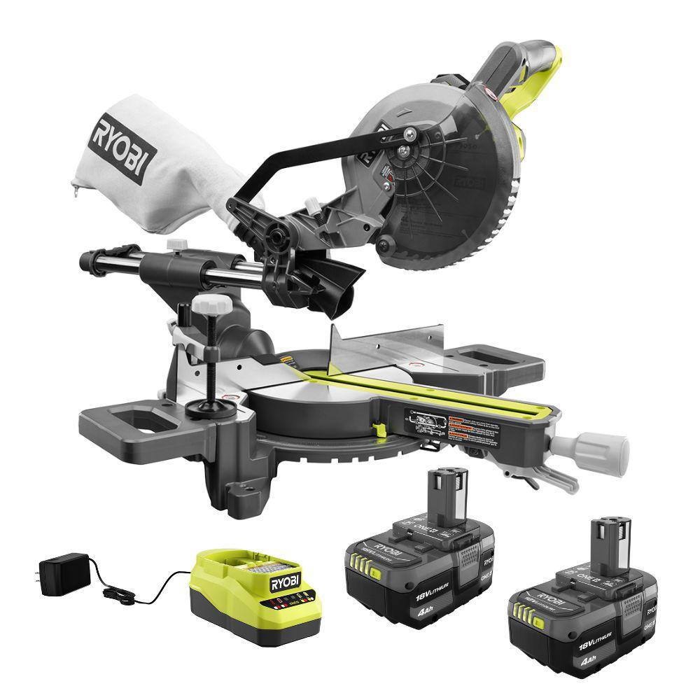 RYOBI ONE+ 18V Cordless 7-14 in. Sliding Compound with (2) 4.0 Ah Batteries and Charger PBT01B-PSK006