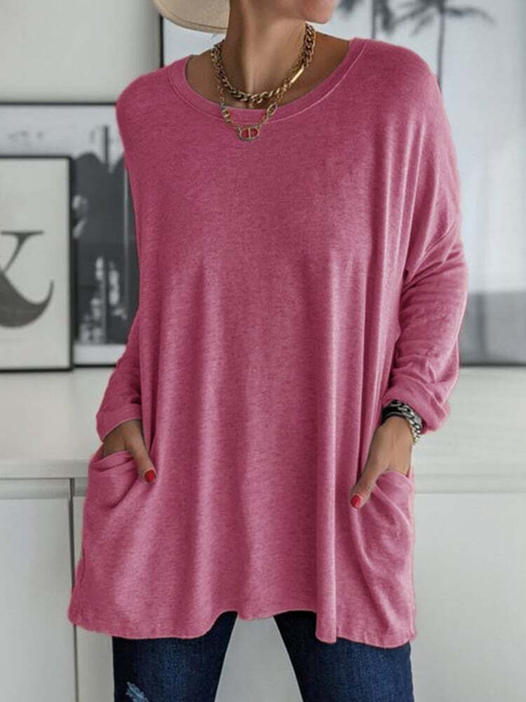 Solid Pocket Round Neck Long Sleeve T-Shirt