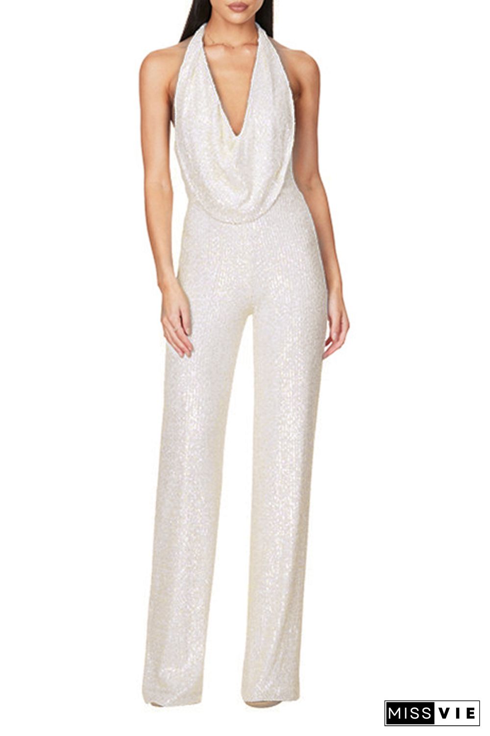 Sleeveless Halter Sequin Glitter One Piece Jumpsuit