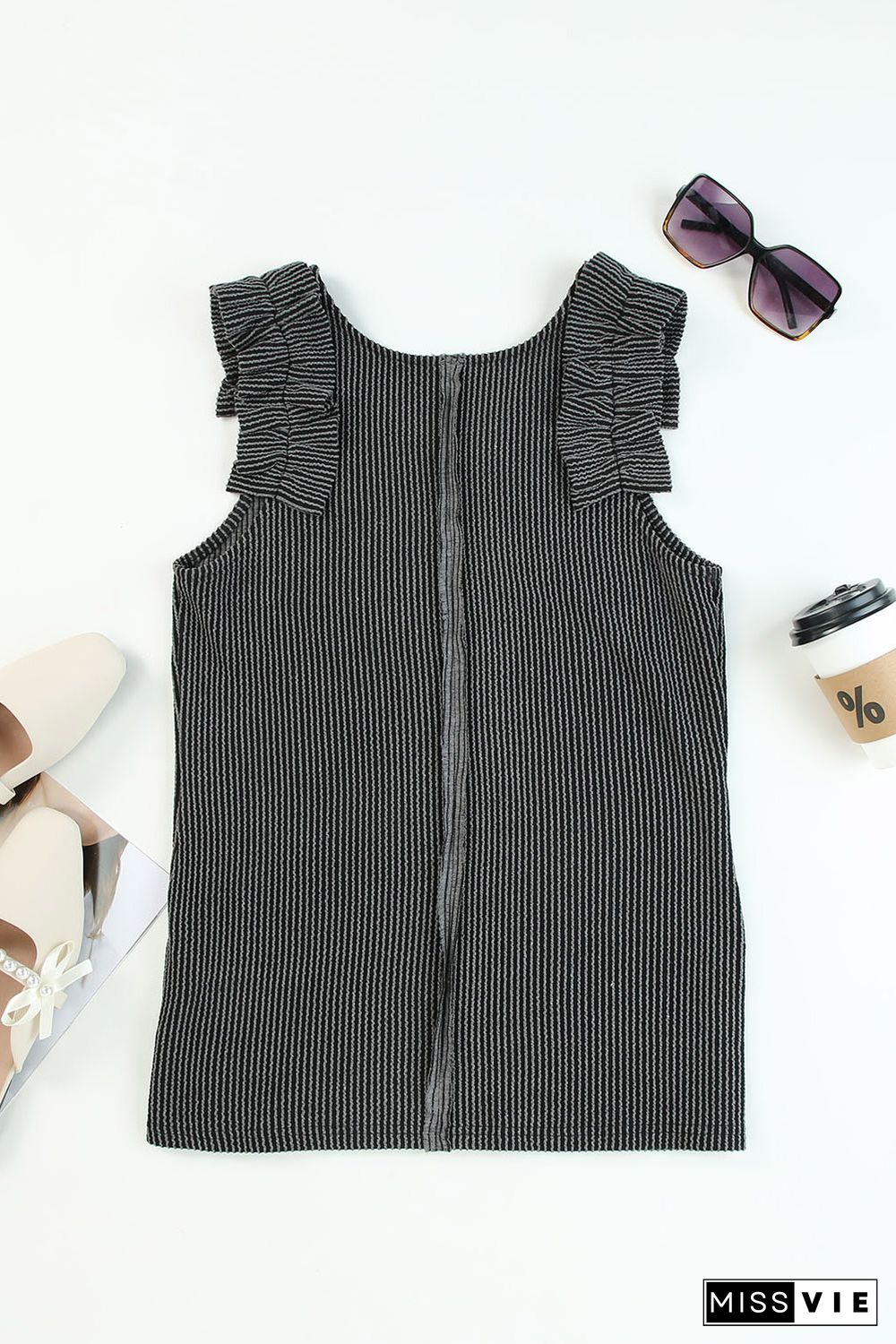 Gray Ruched Shoulders Ribbed Knit Tank Top