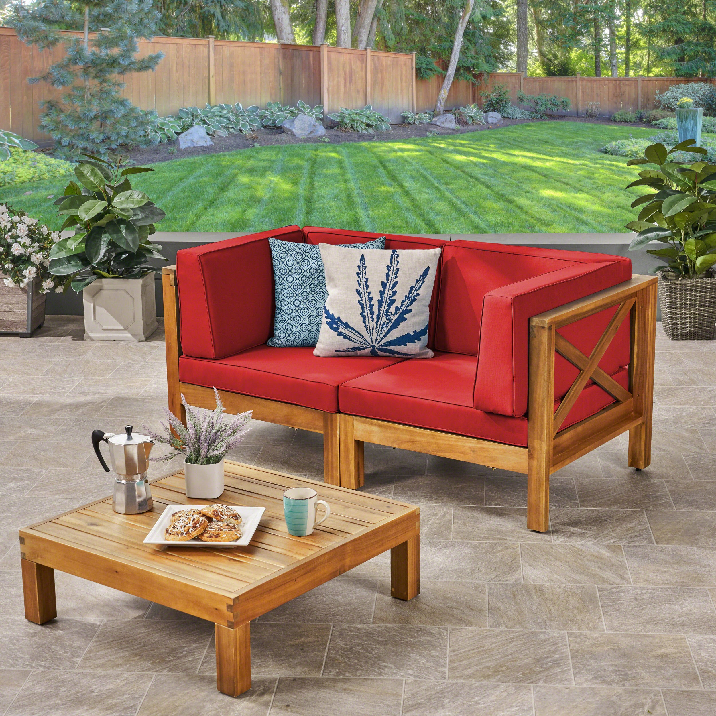 Brava Outdoor Modular Acacia Wood Sofa with Cushions and Coffee Table Set