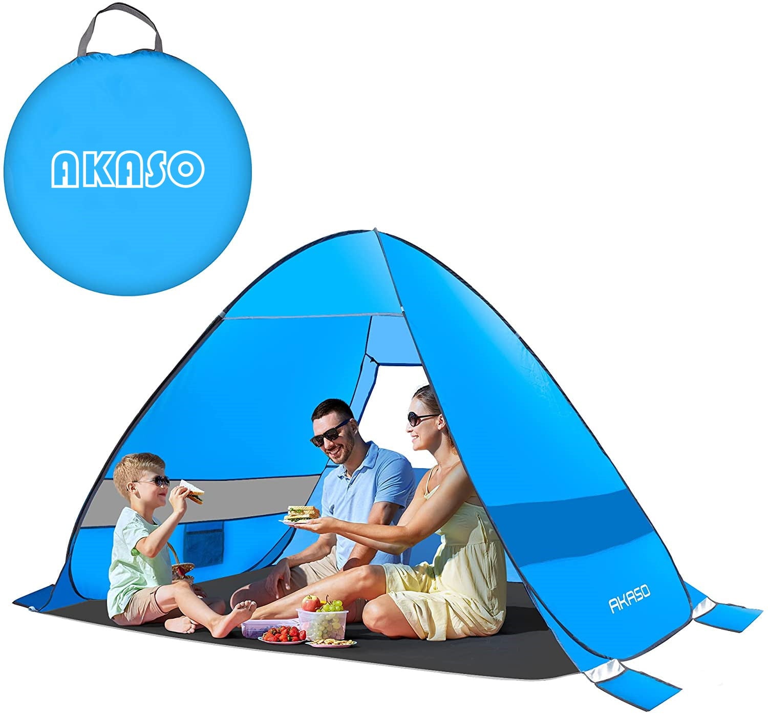 AKASO Pop-Up Beach Tent for 3-4 Person， 7.4' x 4.7' Shade Sun Shelter with UV Protectant Coating