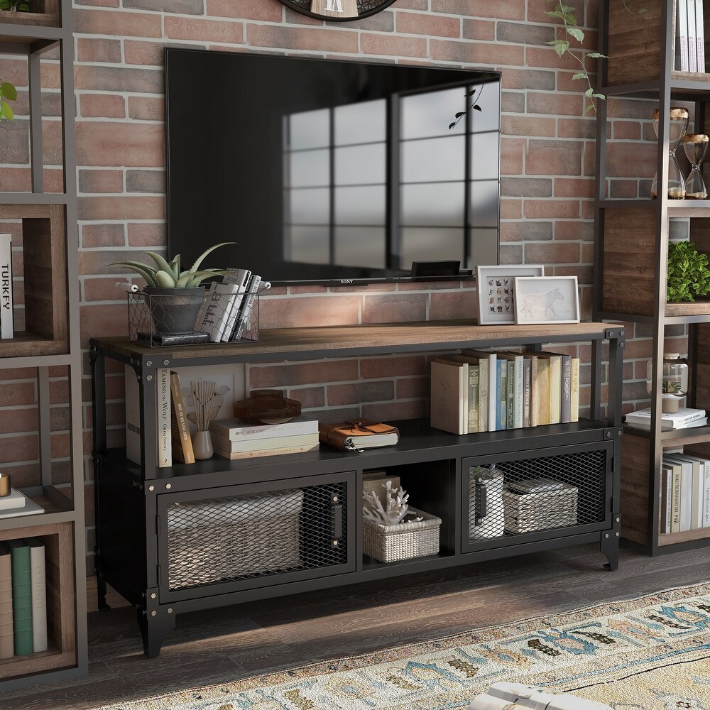 Conner Urban Black and Dark Walnut 60 inch Steel 2 Shelf TV Console by Furniture of America