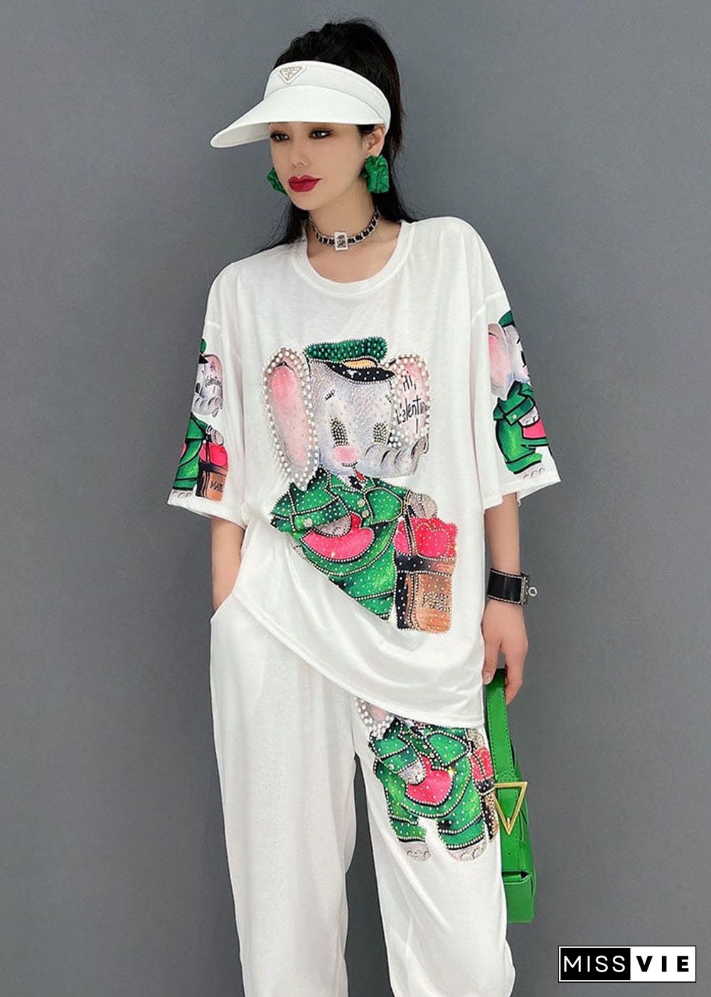 Handmade White O-Neck Elephant Print Cotton Sweatshirt Two Pieces Set Short Sleeve