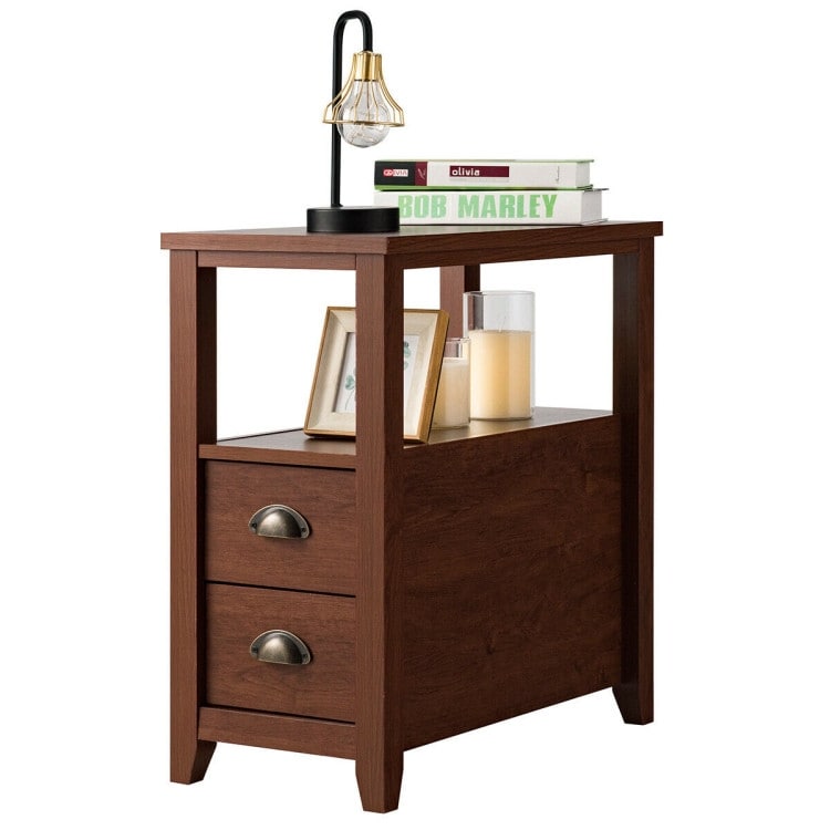 End Table Wooden with 2 Drawers and Shelf Bedside Table Espresso   23.5\