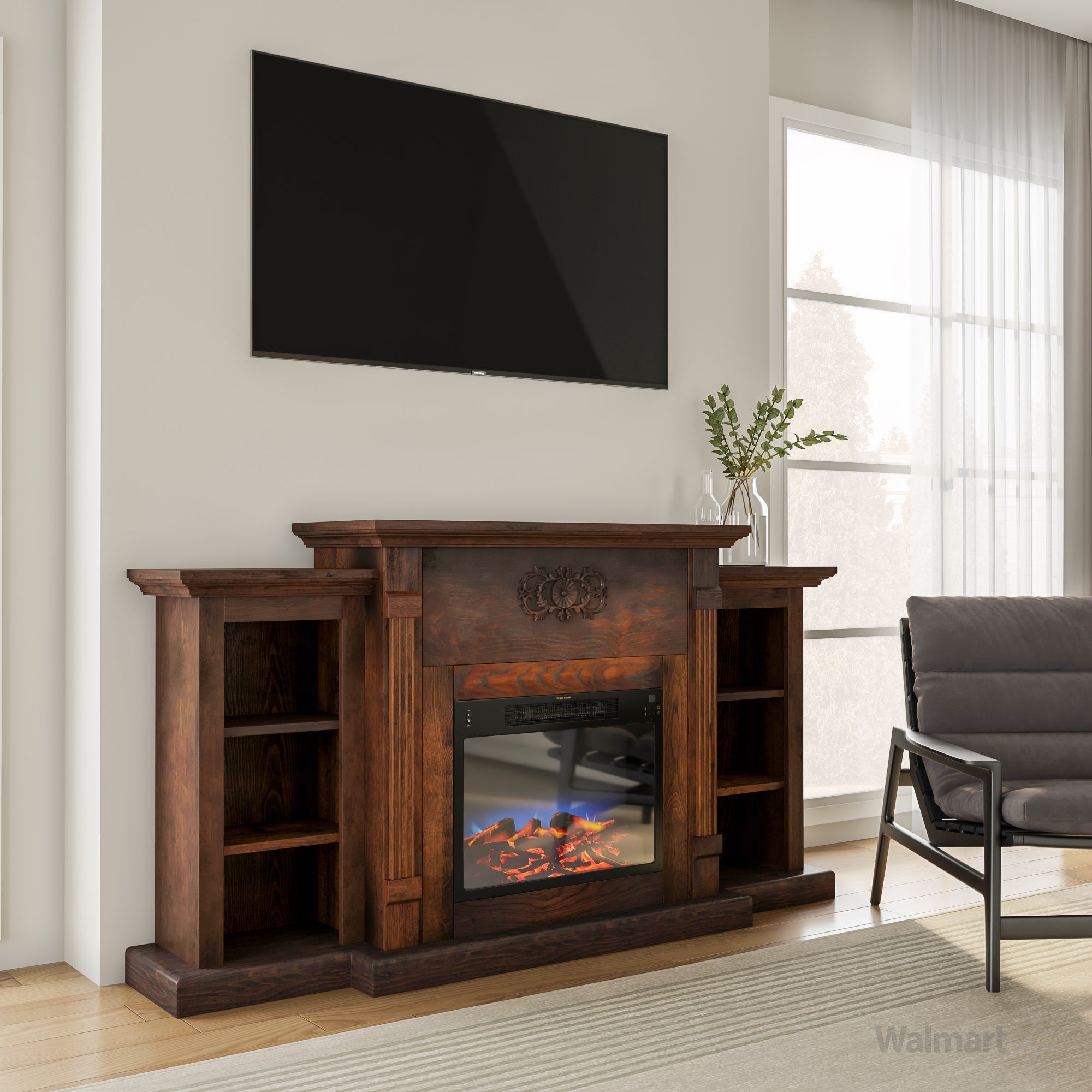 Cambridge Sanoma 72'' Electric Multi-Color LED Fireplace with Charred Log Insert | For Rooms up to 210 Sq.Ft | Remote | Walnut Mantel | Adjustable Heat Settings | Storage | Timer