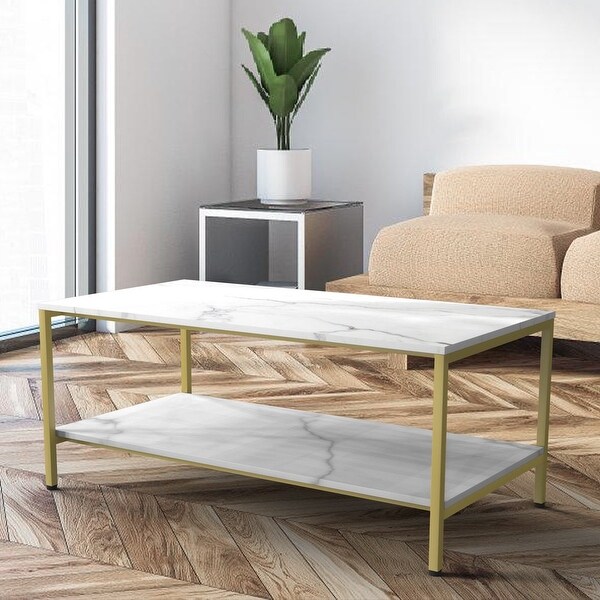 Benton Park Faux Marble Rectangular Coffee Table， Gold Frame