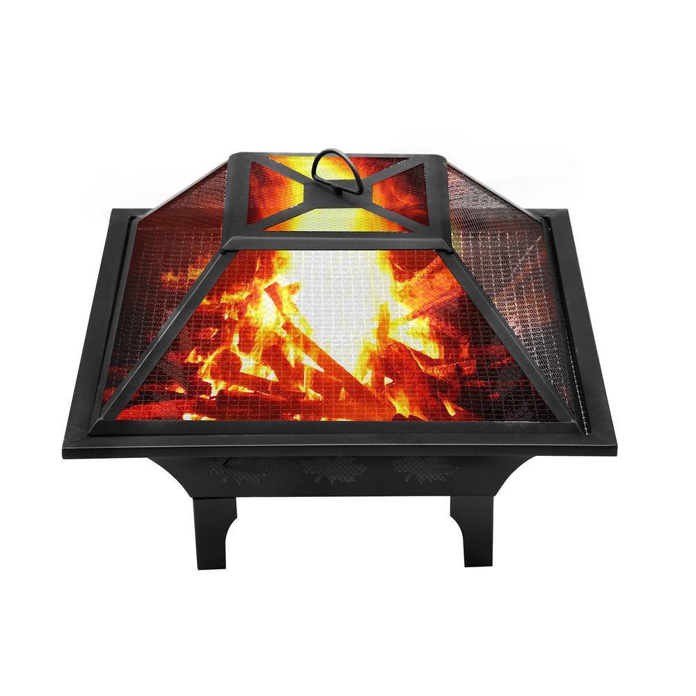 Outdoor 24 in. Steel Wood Burning Patio and Backyard Fire Pit with Mesh Spark Screen Poker and Fireplace Cover W1PKDFPML