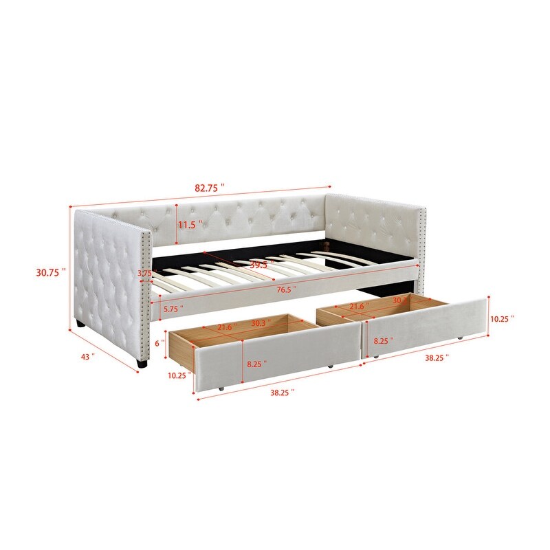 Modern Velvet Upholstered Twin Size Day Bed  Button Tufted Sofa Daybed Frame with 2 Drawers  Bedroom Furniture for Bedroom