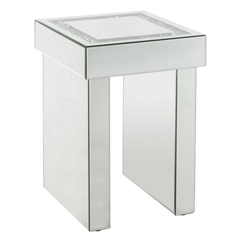 Noe 24 Inch Square End Accent Table， Mirrored， Faux Diamond Inlay， Silver