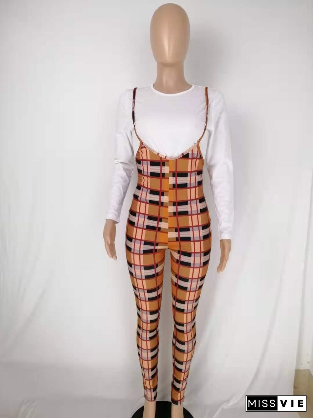 Fall White Long Sleeve Top Plaid Jumpsuit Lounge Wear Matching Sets