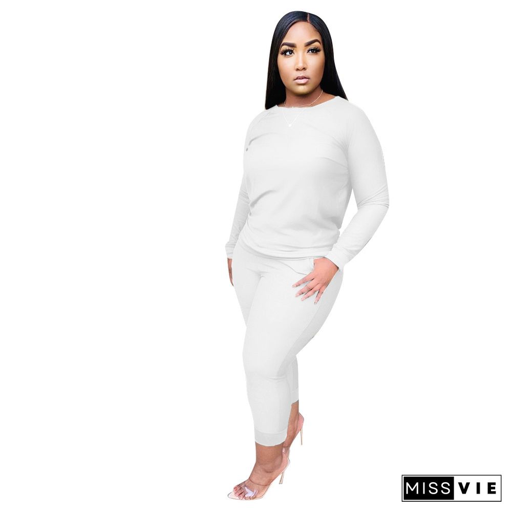 Long Sleeve Solid Pullover T-shirt Long Pant Outfits