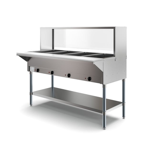 4-Pan Open Well Commercial Electric Stainless Steel Steam Table with Sneeze Guard， Warming Control Knobs， Front Serving Area