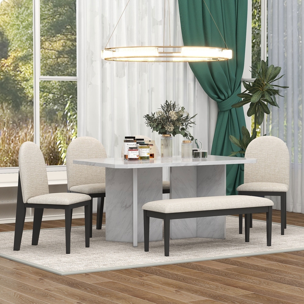 Rectangular Marble Texture Table and 4 Upholstered Dining Chairs1 Bench for Dining Room  6 Piece Modern Dining Table Set