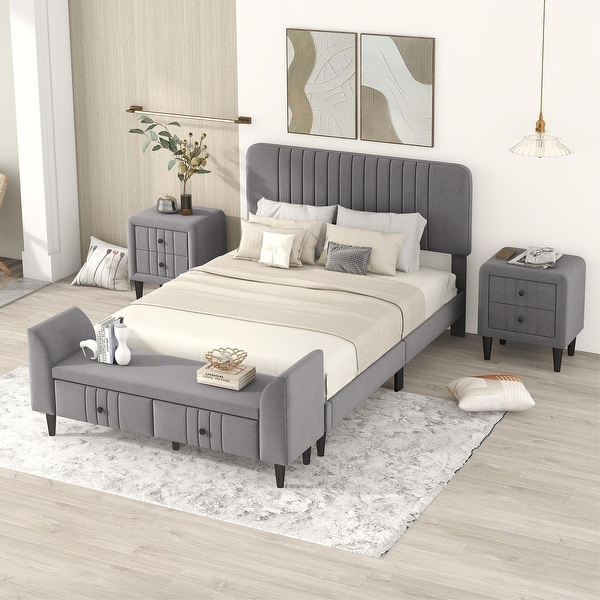 4-Pieces Bedroom Sets Full Size Upholstered Platform Bed with 2 Nightstands and a Storage Bench - - 36803487