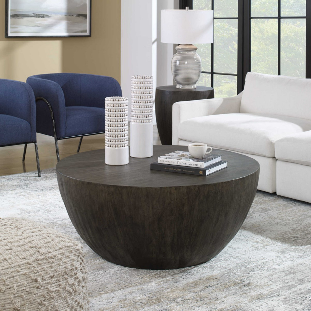 Minimalist Large Round Wood Coffee Table Modern Geometric Block Walnut Gray   Rustic   Coffee Tables   by My Swanky Home  Houzz