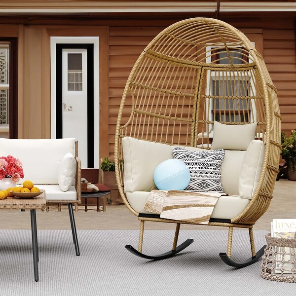 Moasis Outdoor Rocking Egg Chair，AllWeather Wicker Patio Rocking Basket Chair with Cushions