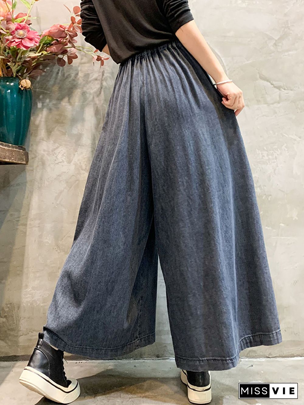 Casual Wide Leg Loose Color-Block Bandage Embroidered Jean Pants Bottoms