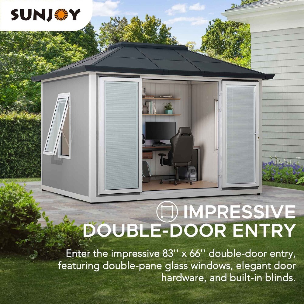 Sunjoy Outdoor Beyond Shed  Backyard Office  Multipurpose Outdoor Room  Home Gym with Floor  2 Windows  and Lockable Doors