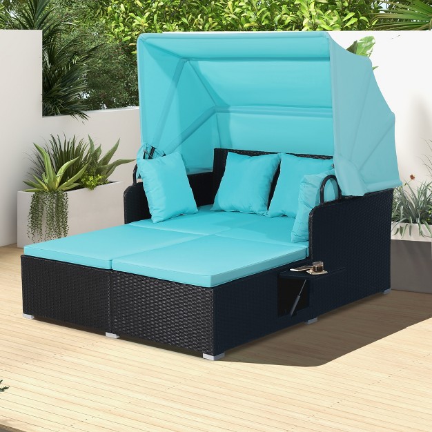 Costway Patio Rattan Daybed Lounge Retractable Top Canopy Side Tables Cushions Off White red turquoise